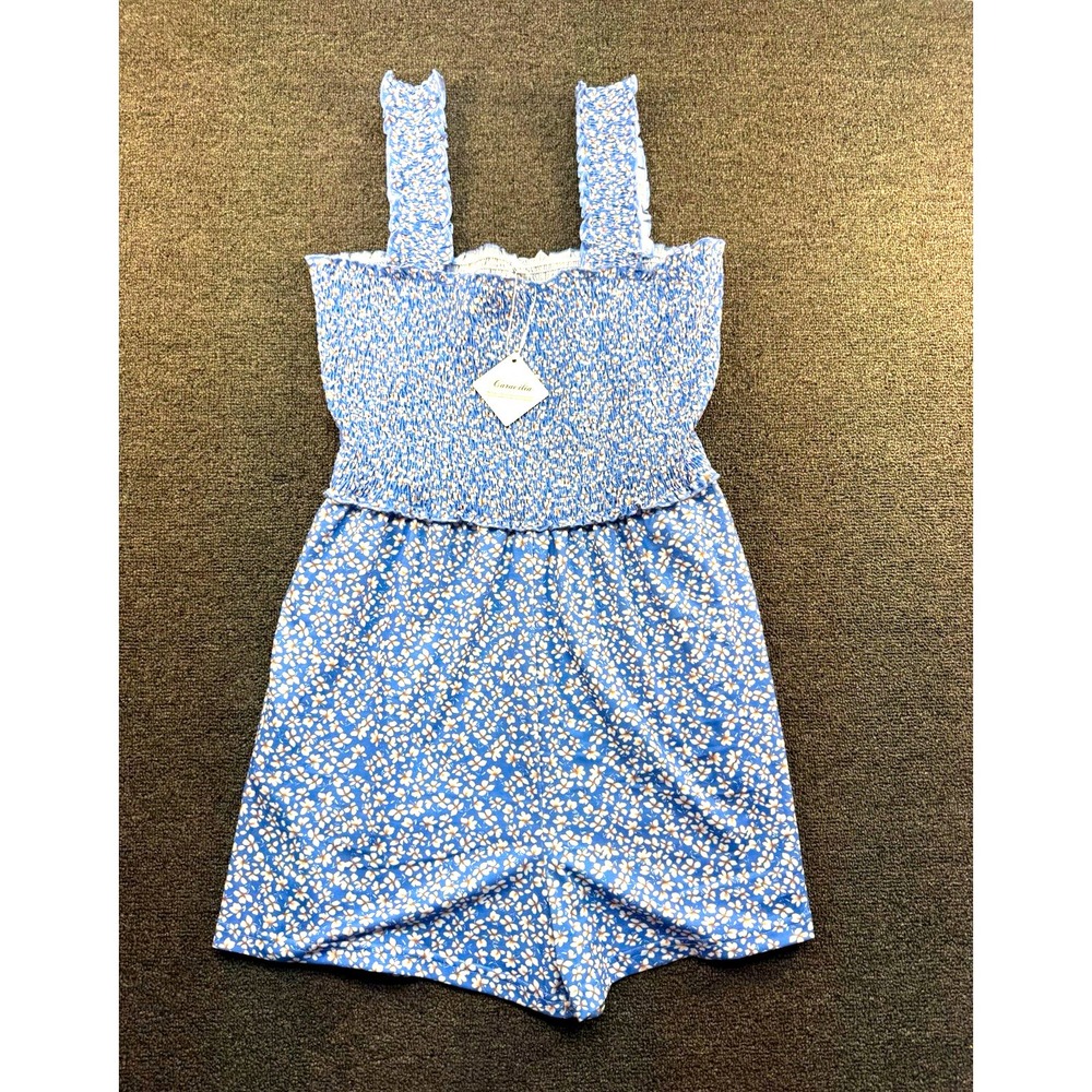 Caracilia Blue White Floral Smocked Sleeveless Romper Women's Size M